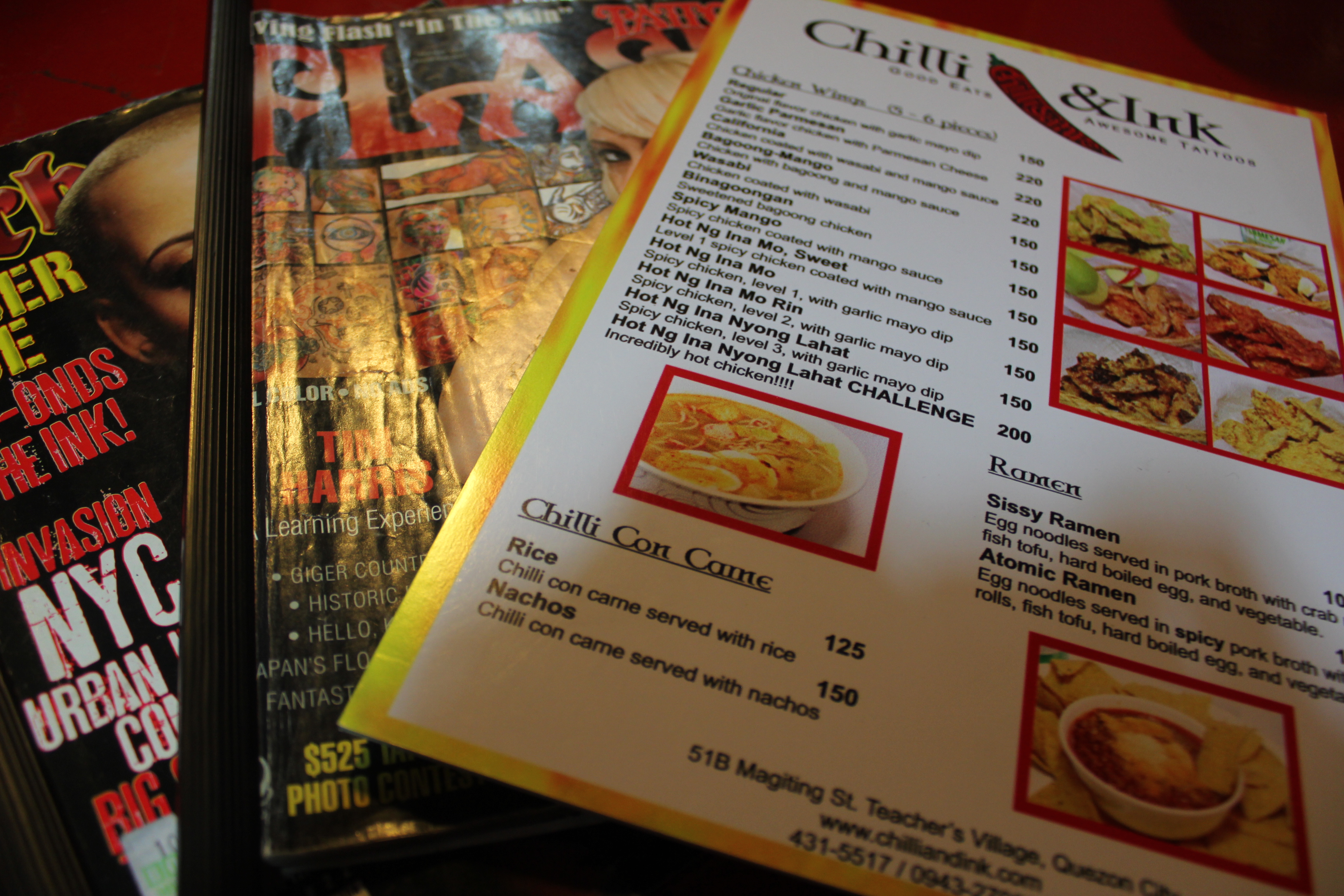 Menu and magazines